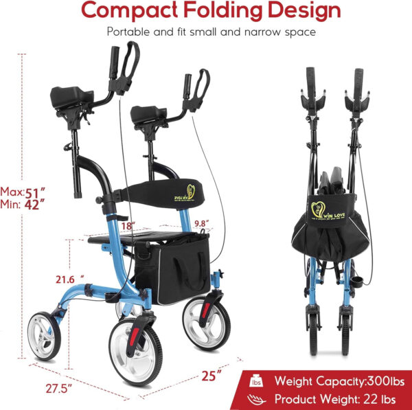 WINLOVE Upright Rollator Walker- Walkers for Seniors Tall Stand up Rolling Mobility aids with Armrest，Padded Seat, Backrest and Shopping Bag Blue