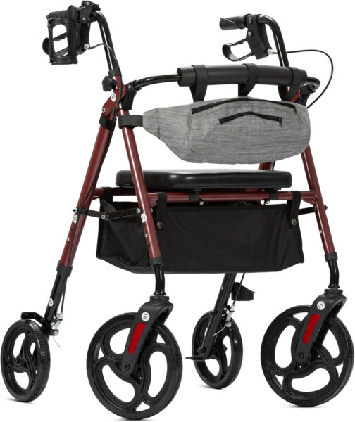Rollator Walker with Padded Seat and Backrest with Front Storage Bag, 10” Wheels for Adults and Seniors, Burgundy