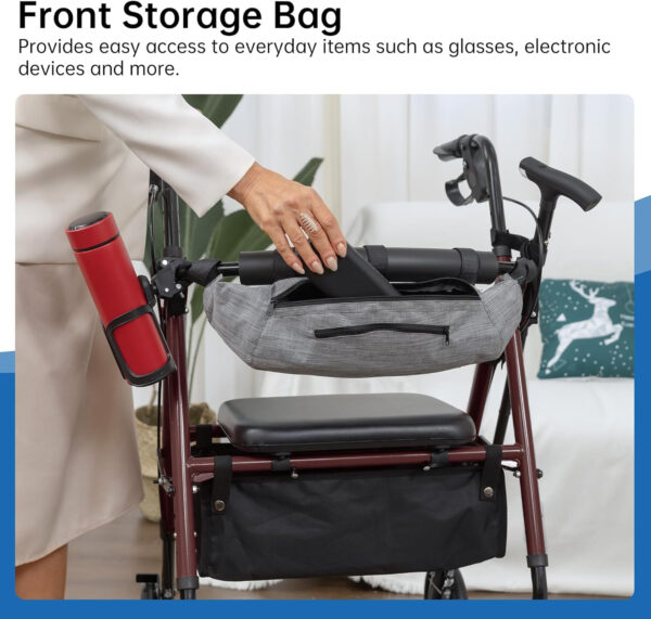 Rollator Walker with Padded Seat and Backrest with Front Storage Bag, 10” Wheels for Adults and Seniors, Burgundy