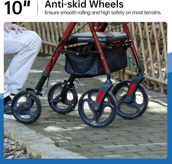 Rollator Walker with Padded Seat and Backrest with Front Storage Bag, 10” Wheels for Adults and Seniors, Burgundy