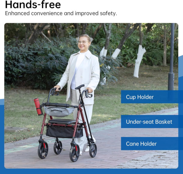 Rollator Walker with Padded Seat and Backrest with Front Storage Bag, 10” Wheels for Adults and Seniors, Burgundy