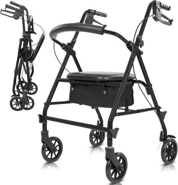 Vive Mobility Steel Rollator Walker with Seat – Foldable, Narrow, Rolling Senior Walker for Small Spaces – 4 Wheel Lightweight Adult Easy Drive with Underseat Storage, Adjustable Height (Black)