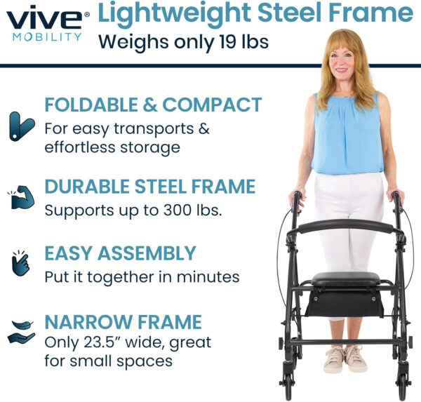 Vive Mobility Steel Rollator Walker with Seat – Foldable, Narrow, Rolling Senior Walker for Small Spaces – 4 Wheel Lightweight Adult Easy Drive with Underseat Storage, Adjustable Height (Black)