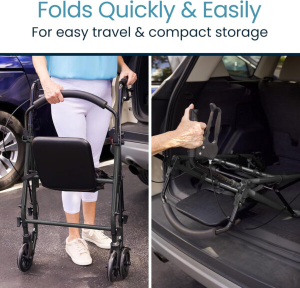 Vive Mobility Steel Rollator Walker with Seat – Foldable, Narrow, Rolling Senior Walker for Small Spaces – 4 Wheel Lightweight Adult Easy Drive with Underseat Storage, Adjustable Height (Black)