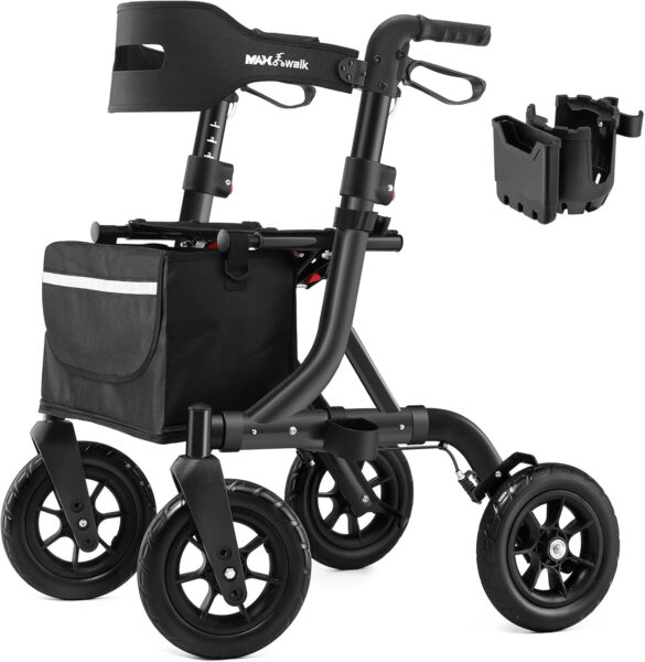 Rollator Walker for Seniors, Foldable All Terrain Rolling Walker with seat, Aluminum Walkers with 10 inch Rubber Wheels, Built-in Cable, Cup Holder, Adjustable Handles and Backrest for Seniors, Black