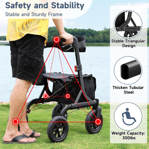 Rollator Walker for Seniors, Foldable All Terrain Rolling Walker with seat, Aluminum Walkers with 10 inch Rubber Wheels, Built-in Cable, Cup Holder, Adjustable Handles and Backrest for Seniors, Black