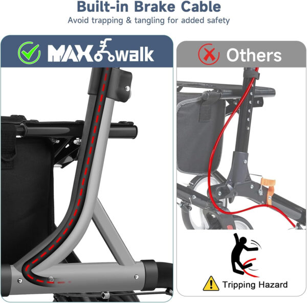 Rollator Walker for Seniors, Foldable All Terrain Rolling Walker with seat, Aluminum Walkers with 10 inch Rubber Wheels, Built-in Cable, Cup Holder, Adjustable Handles and Backrest for Seniors, Black