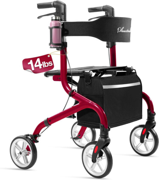 Super Lightweight Rollator Walker for Seniors, Foldable Rolling Walker with Seat and 8″ Rubber Wheels for All Terrain, Upgraded Height Adjustment Button with Cup Holder, Red