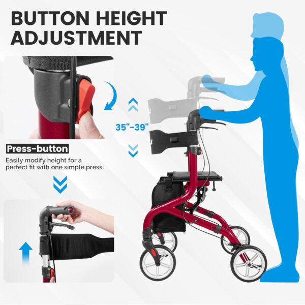 Super Lightweight Rollator Walker for Seniors, Foldable Rolling Walker with Seat and 8″ Rubber Wheels for All Terrain, Upgraded Height Adjustment Button with Cup Holder, Red