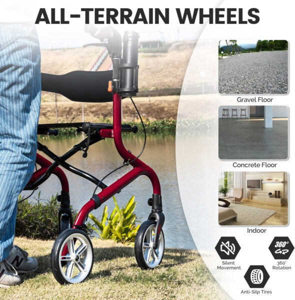 Super Lightweight Rollator Walker for Seniors, Foldable Rolling Walker with Seat and 8″ Rubber Wheels for All Terrain, Upgraded Height Adjustment Button with Cup Holder, Red