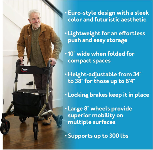 Carex Crosstour Rolling Walker Rollator – Rolling Walker with Seat – Folding, Euro Style Rollator, 4 Wheel Walker for Seniors- 300lb Capacity, Walker with Seat for Seniors