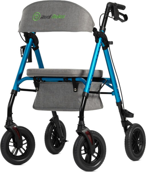 Real Relax All-Terrain Rollator with Padded Seat for Seniors, Outdoor Off Road Rolling Walker, with 10” Non-Pneumatic Wheels, Under-seat Basket, Light Blue