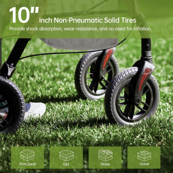 Real Relax All-Terrain Rollator with Padded Seat for Seniors, Outdoor Off Road Rolling Walker, with 10” Non-Pneumatic Wheels, Under-seat Basket, Light Blue
