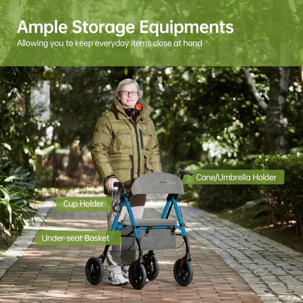 Real Relax All-Terrain Rollator with Padded Seat for Seniors, Outdoor Off Road Rolling Walker, with 10” Non-Pneumatic Wheels, Under-seat Basket, Light Blue