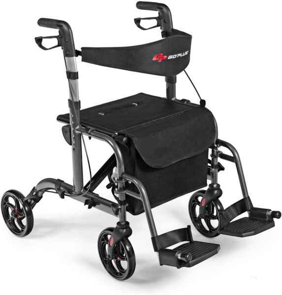 GOPLUS 2 in 1 Rollator Walkers for Seniors, Folding Rollator Walker with Seat, 8-inch Wheel Medical Drive Walker Wheelchair Combo with Backrest, Adjustable Handle for Adults, Aluminium Frame