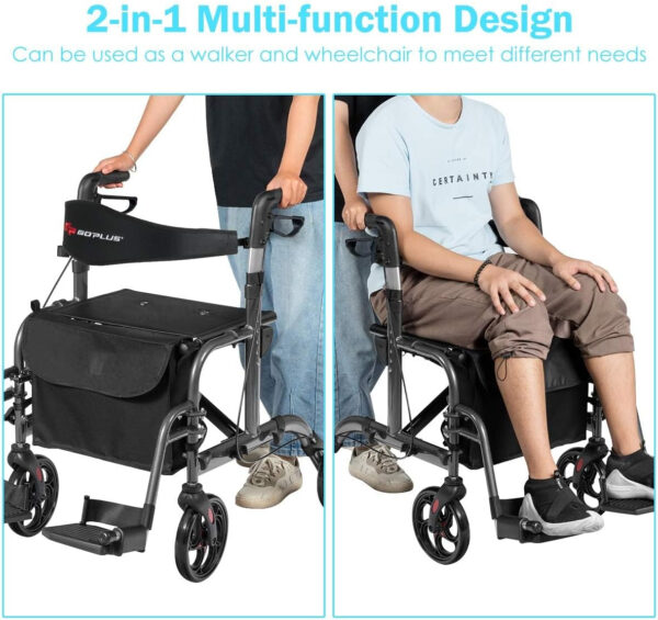 GOPLUS 2 in 1 Rollator Walkers for Seniors, Folding Rollator Walker with Seat, 8-inch Wheel Medical Drive Walker Wheelchair Combo with Backrest, Adjustable Handle for Adults, Aluminium Frame