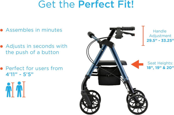 NOVA Star 8 Petite Rollator Walker with Perfect Fit Size System, Lightweight & Foldable, Easy to Lift & Carry, Great for Travel, Color Blue