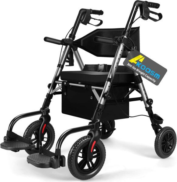 Foldable Rollator Walker for Seniors with Seat, Lightweight 2 in 1 Rolling Walkers Wheelchair Combo for Adult, Transport Chair with Brakes, Adjustable Seat and Handle, 300 Lb. Weight Capacity, Grey