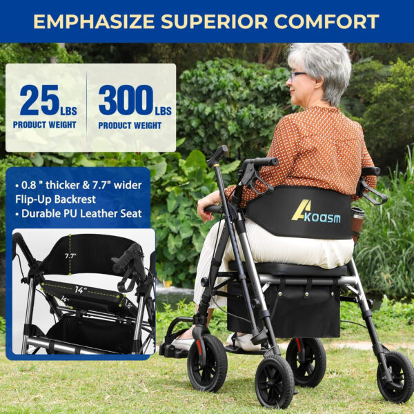 Foldable Rollator Walker for Seniors with Seat, Lightweight 2 in 1 Rolling Walkers Wheelchair Combo for Adult, Transport Chair with Brakes, Adjustable Seat and Handle, 300 Lb. Weight Capacity, Grey