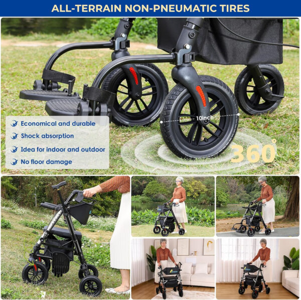 Foldable Rollator Walker for Seniors with Seat, Lightweight 2 in 1 Rolling Walkers Wheelchair Combo for Adult, Transport Chair with Brakes, Adjustable Seat and Handle, 300 Lb. Weight Capacity, Grey