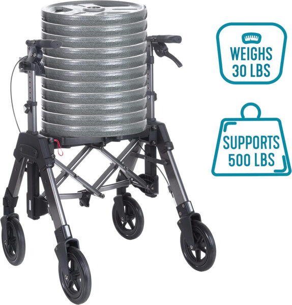 Able Life Space Saver Bariatric Rollator, Heavy Duty Folding 4-Wheel Rolling Walker with Extra Wide Seat and Large 8-inch Wheels for Seniors and Elderly, 500-pound Weight Capacity, Black Walnut