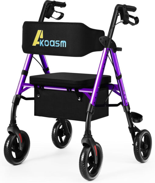 Lightweight Foldable Rollator Walkers for Seniors with Seat – Adult Rolling Walker with Seat and Brakes, 300 Lb Capacity, All Terrain 8″ Big Roller Wheels, Adjustable Handles and Seat Height, Purple