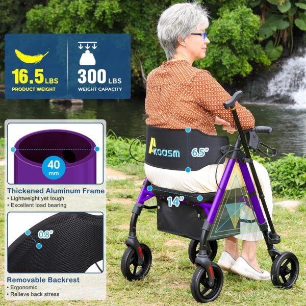 Lightweight Foldable Rollator Walkers for Seniors with Seat – Adult Rolling Walker with Seat and Brakes, 300 Lb Capacity, All Terrain 8″ Big Roller Wheels, Adjustable Handles and Seat Height, Purple