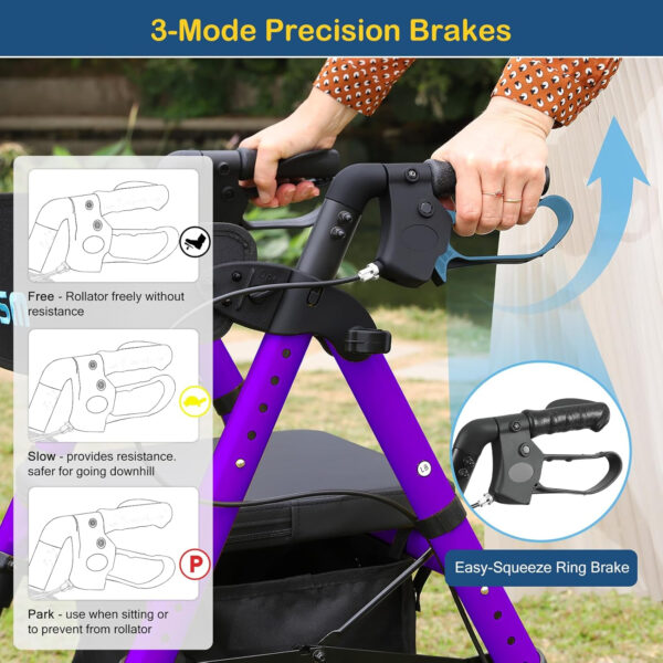 Lightweight Foldable Rollator Walkers for Seniors with Seat – Adult Rolling Walker with Seat and Brakes, 300 Lb Capacity, All Terrain 8″ Big Roller Wheels, Adjustable Handles and Seat Height, Purple