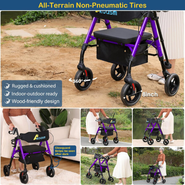 Lightweight Foldable Rollator Walkers for Seniors with Seat – Adult Rolling Walker with Seat and Brakes, 300 Lb Capacity, All Terrain 8″ Big Roller Wheels, Adjustable Handles and Seat Height, Purple