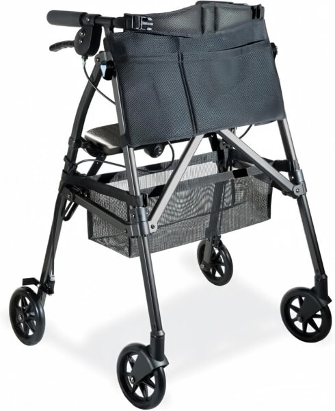 Stander Wonder Rollator Plus, Lightweight Folding Mobility Rolling-Walker, EZ Fold-N-Go-Rollator for Seniors and Adults, 6-inch Wheels, Locking Brakes and Padded Seat with Backrest, Black Walnut