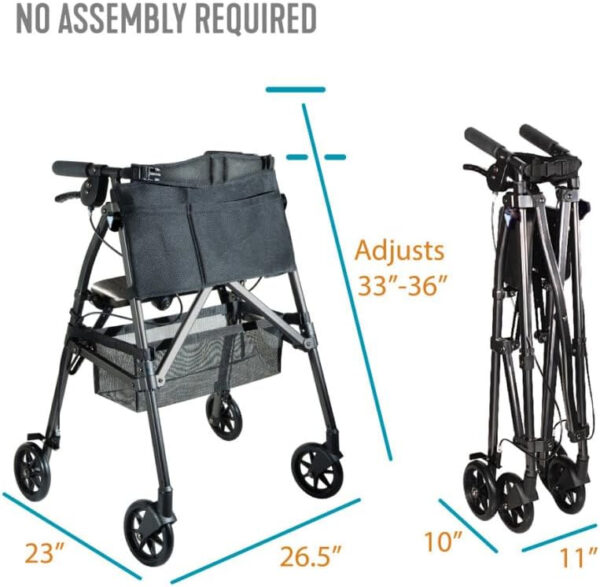 Stander Wonder Rollator Plus, Lightweight Folding Mobility Rolling-Walker, EZ Fold-N-Go-Rollator for Seniors and Adults, 6-inch Wheels, Locking Brakes and Padded Seat with Backrest, Black Walnut