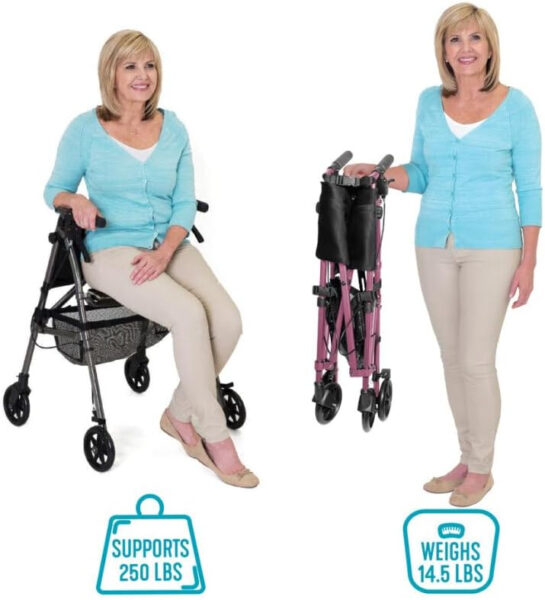 Stander Wonder Rollator Plus, Lightweight Folding Mobility Rolling-Walker, EZ Fold-N-Go-Rollator for Seniors and Adults, 6-inch Wheels, Locking Brakes and Padded Seat with Backrest, Black Walnut