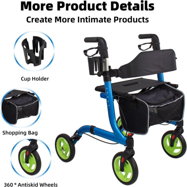 Rollator Walkers for Seniors- Rollator Walker 8″ TPU Wheels with Cup Holder- Easy Folding Senior Walker with Backrest- Lightweight Mobility Walking Aid for Adult Elderly, Aluminum Frame, Blue
