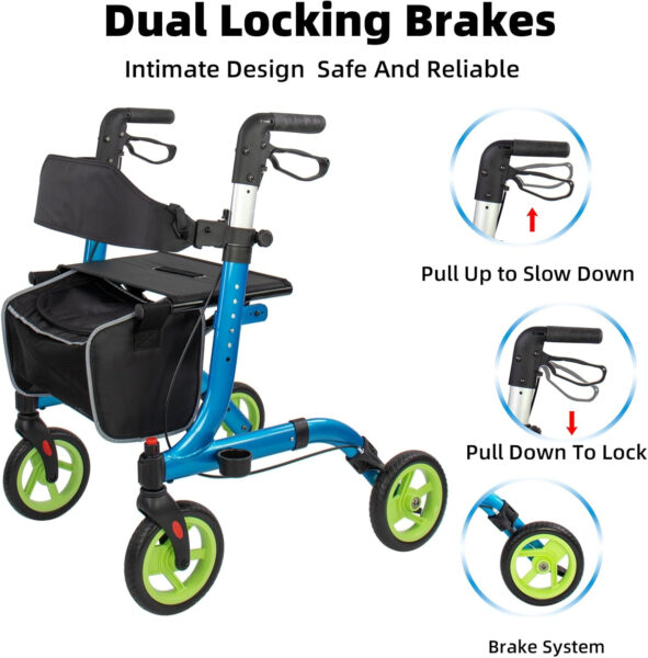 Rollator Walkers for Seniors- Rollator Walker 8″ TPU Wheels with Cup Holder- Easy Folding Senior Walker with Backrest- Lightweight Mobility Walking Aid for Adult Elderly, Aluminum Frame, Blue