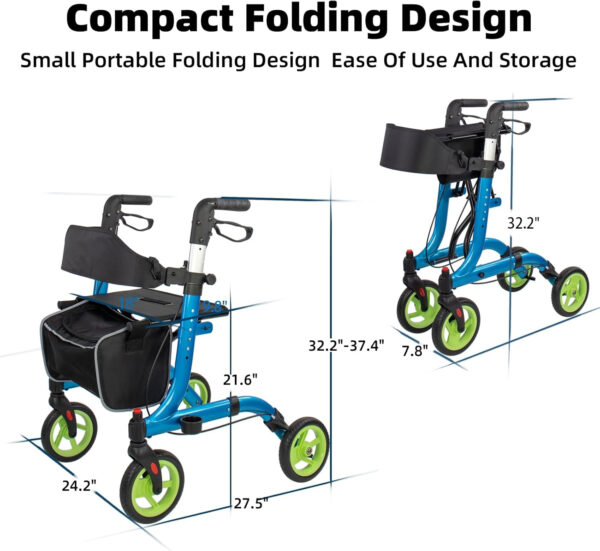 Rollator Walkers for Seniors- Rollator Walker 8″ TPU Wheels with Cup Holder- Easy Folding Senior Walker with Backrest- Lightweight Mobility Walking Aid for Adult Elderly, Aluminum Frame, Blue