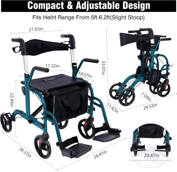 WINLOVE 2 in 1 Rollator Walkers for Seniors with Padded Seat- Medical Transport Chair Walker with Adjustable Handle and Reversible Backrest Green
