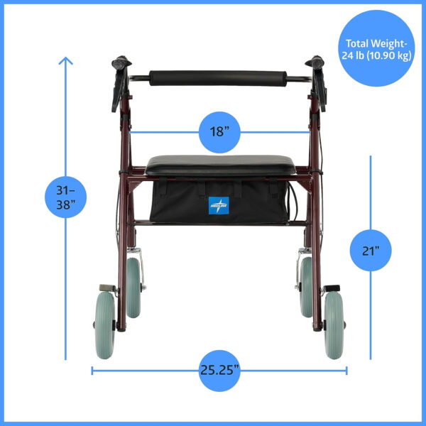Medline Bariatric Heavy Duty Steel Rollator Supports up to 500 lbs, Strong, Comfortable Rolling Walker with 8 inch Wheels