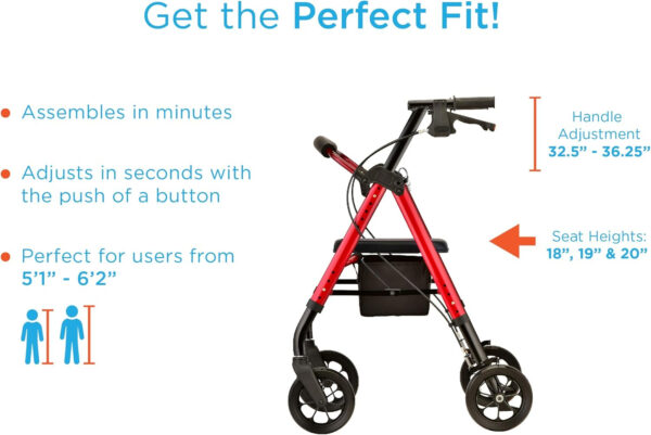 NOVA Medical Products Star Heavy Duty Bariatric Rollator Walker with Extra Wide Padded Seat, 8” Wheels, Fold Lock Feature with Adjustable Seat Height & 450 lbs. Weight Capacity, Standard Size, Purple