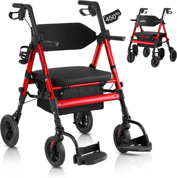Walkers for Seniors,Rollator Walker with Seat, Walker Wheelchair Combo,2 in 1 Rollator Transport Chair with Brakes, Heavy Duty Rolling Walker, Holds up to 450 pounds,10″ Big Wheels for All Terrain,Red