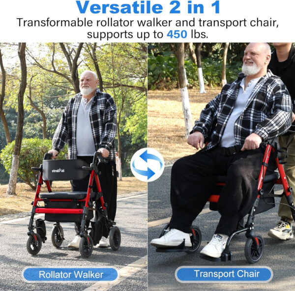 Walkers for Seniors,Rollator Walker with Seat, Walker Wheelchair Combo,2 in 1 Rollator Transport Chair with Brakes, Heavy Duty Rolling Walker, Holds up to 450 pounds,10″ Big Wheels for All Terrain,Red