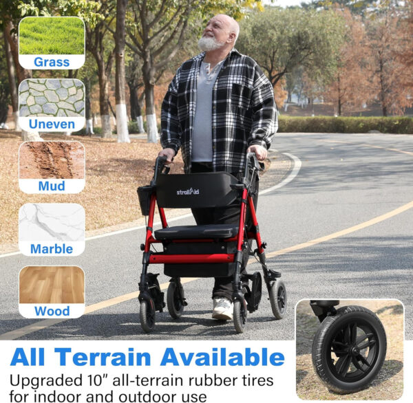 Walkers for Seniors,Rollator Walker with Seat, Walker Wheelchair Combo,2 in 1 Rollator Transport Chair with Brakes, Heavy Duty Rolling Walker, Holds up to 450 pounds,10″ Big Wheels for All Terrain,Red
