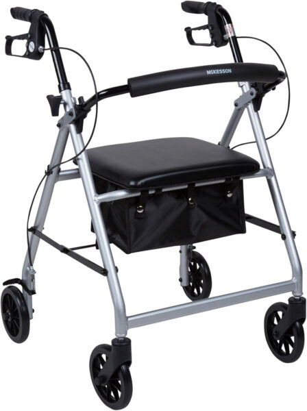 McKesson Rollator Walker with Seat and Wheels, Lightweight, Aluminum, 300 lbs Weight Capacity, Silver, 1 Count