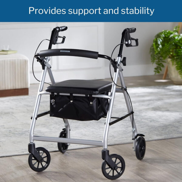 McKesson Rollator Walker with Seat and Wheels, Lightweight, Aluminum, 300 lbs Weight Capacity, Silver, 1 Count