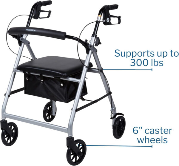 McKesson Rollator Walker with Seat and Wheels, Lightweight, Aluminum, 300 lbs Weight Capacity, Silver, 1 Count