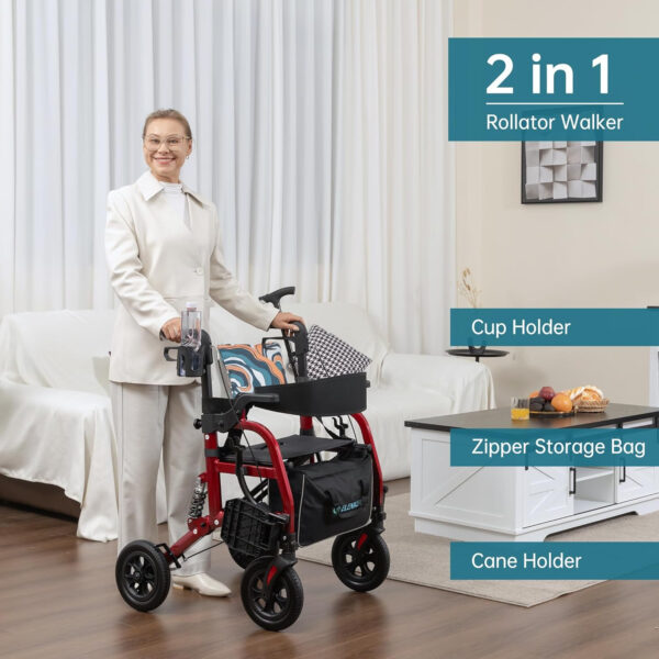 ELENKER Rollator Walker Transport Wheelchair Combo with Shock Absorber, 2 in 1 Rolling Walker with Seat, All Terrain Wheels for Seniors, Red