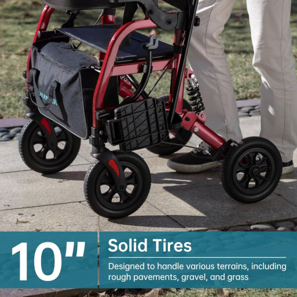 ELENKER Rollator Walker Transport Wheelchair Combo with Shock Absorber, 2 in 1 Rolling Walker with Seat, All Terrain Wheels for Seniors, Red