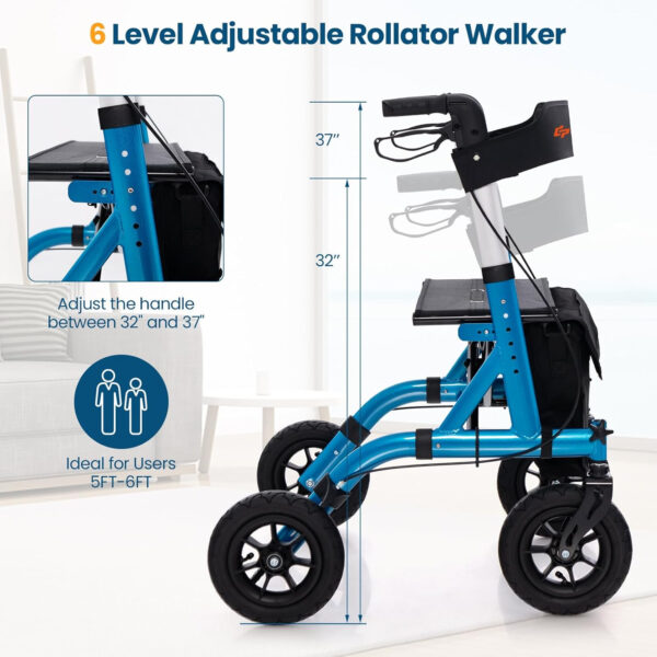 Goplus Rollator Walkers for Seniors with Seat, Foldable Rolling Walker with 9.5” All Terrain Pneumatic Wheel, Supports up to 350 lbs, Heavy Duty Bariatric Rollator Walker for Adult
