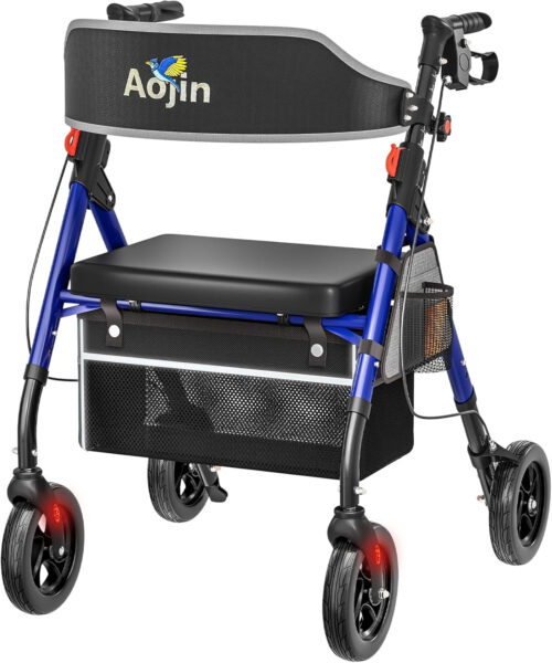 Lightweight Foldable Rollator Walkers with Seat for Seniors, 350 lb Capacity, 8” Wheels, 17.7″ Big Seat, 6-Position Adjustable Height, Ultralight Aluminum Frame Rolling Walker (Blue)