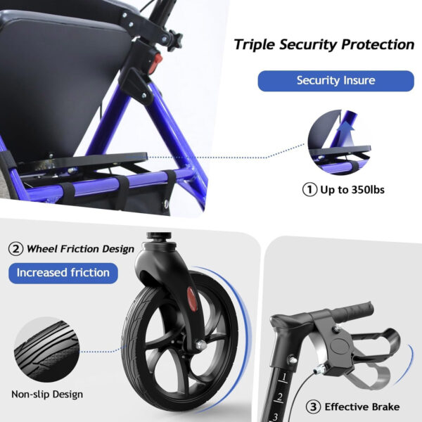 Lightweight Foldable Rollator Walkers with Seat for Seniors, 350 lb Capacity, 8” Wheels, 17.7″ Big Seat, 6-Position Adjustable Height, Ultralight Aluminum Frame Rolling Walker (Blue)