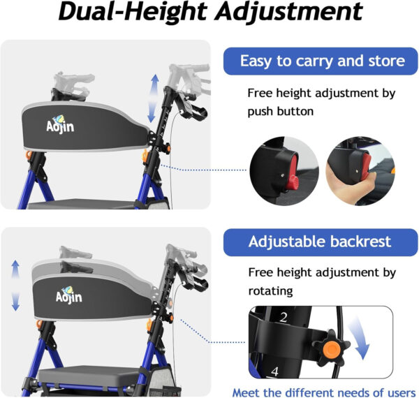Lightweight Foldable Rollator Walkers with Seat for Seniors, 350 lb Capacity, 8” Wheels, 17.7″ Big Seat, 6-Position Adjustable Height, Ultralight Aluminum Frame Rolling Walker (Blue)